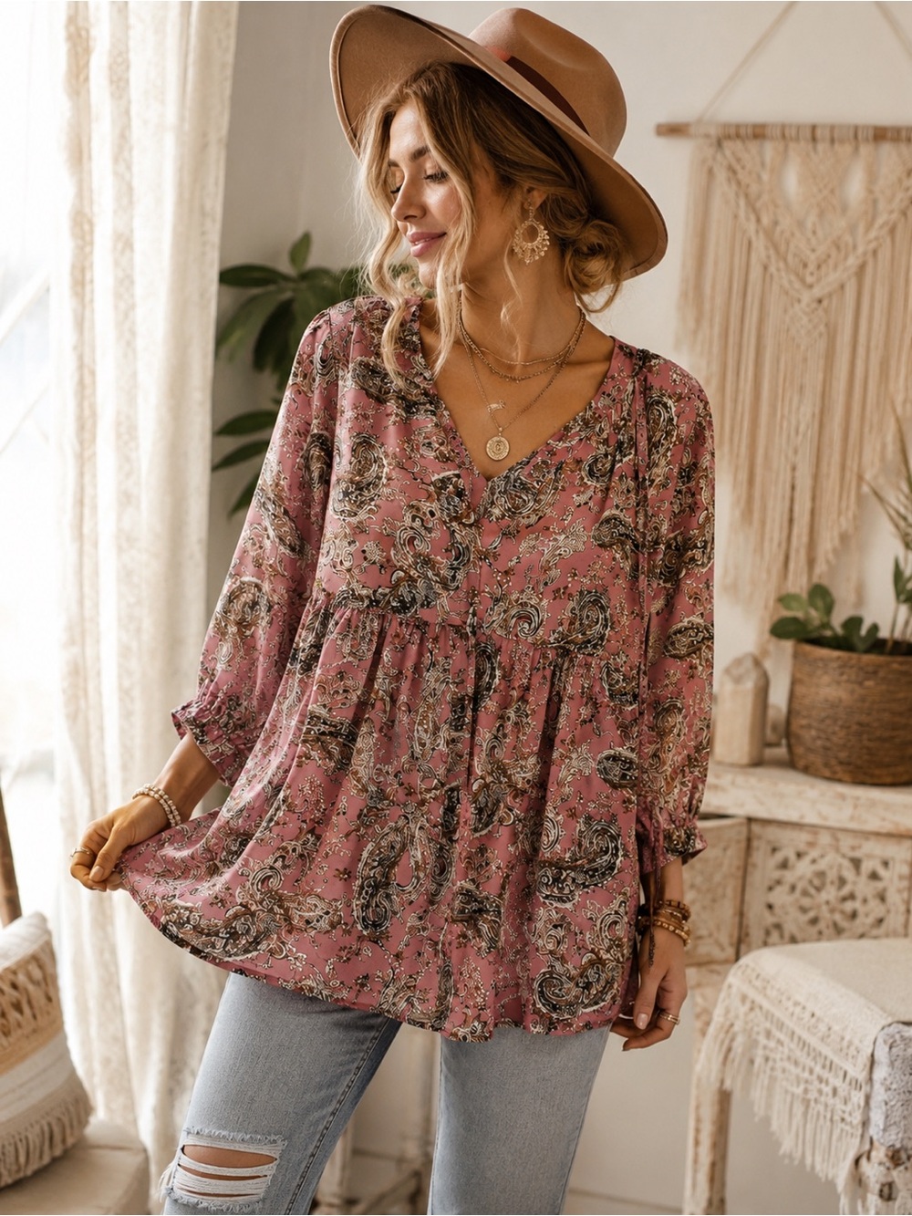 Melloday Pink Paisley Cotton Babydoll Tunic Top Boho Cottagecore Peasant Blouse - Picture 2 of 6
